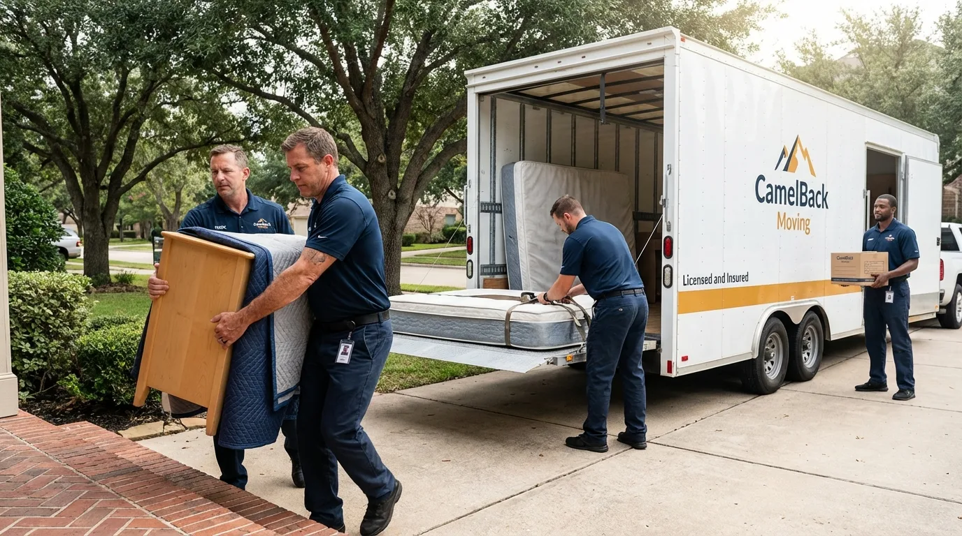 Crew loading residential truck for cross-state move from Waterloo, NY