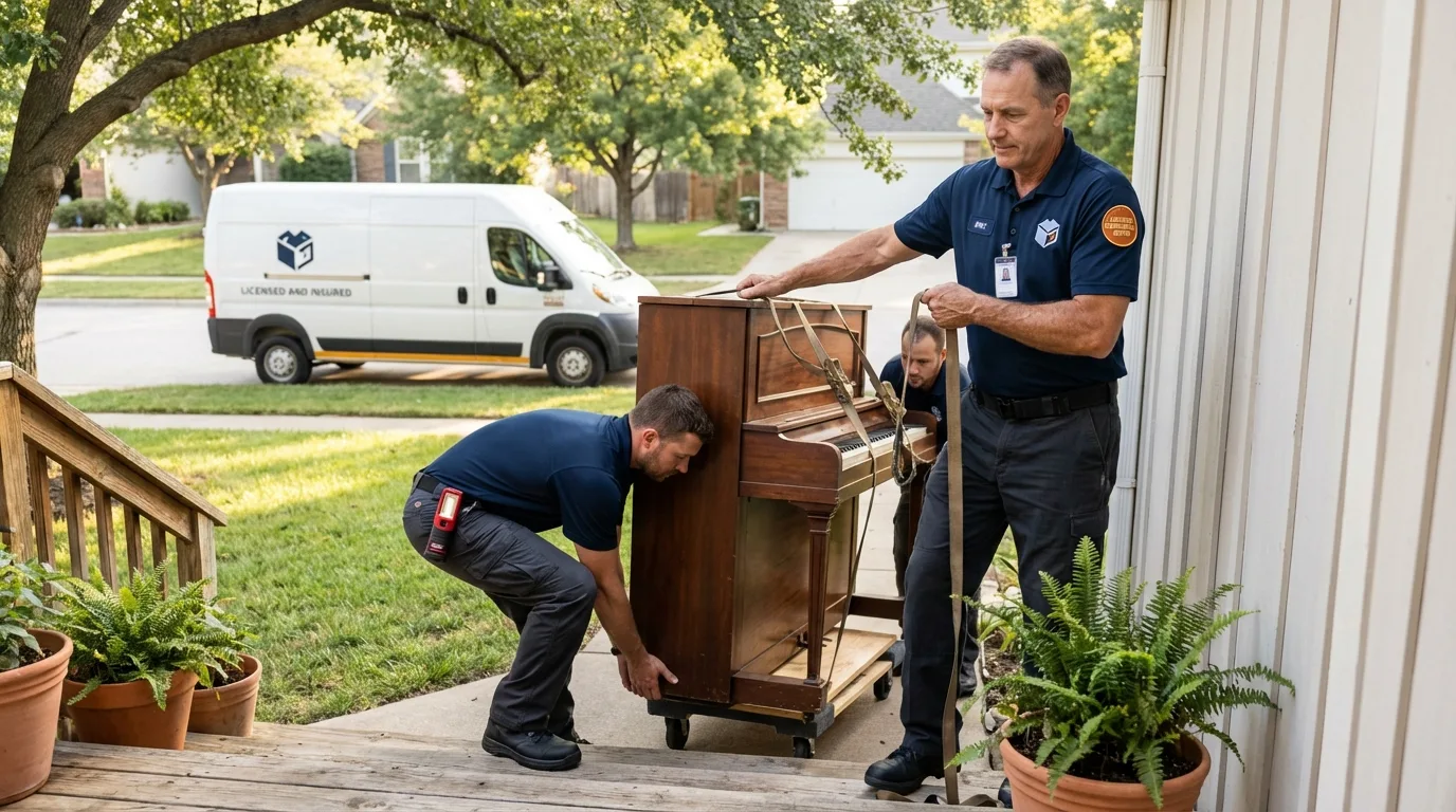 Licensed piano movers securing grand piano in Waterloo, NY