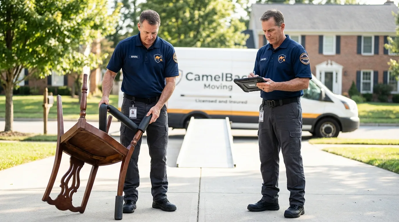 Movers inspecting furniture for damage prevention before loading in Waterloo, NY