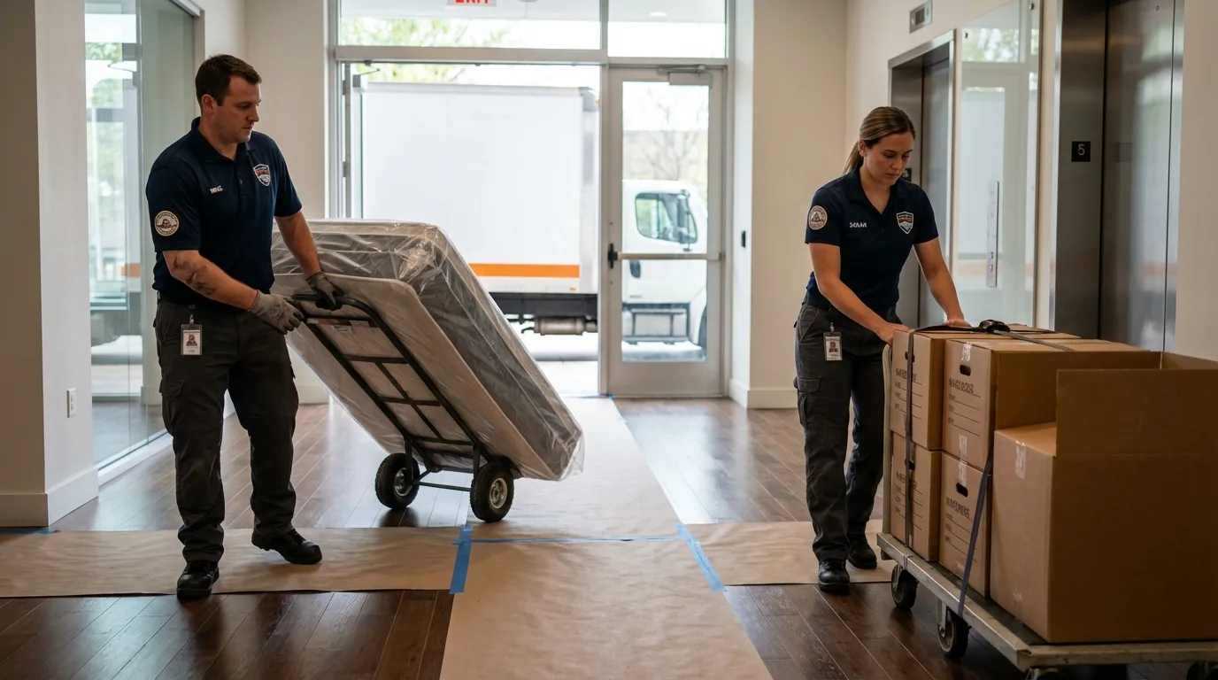 Professional apartment movers loading elevator in Waterloo, NY